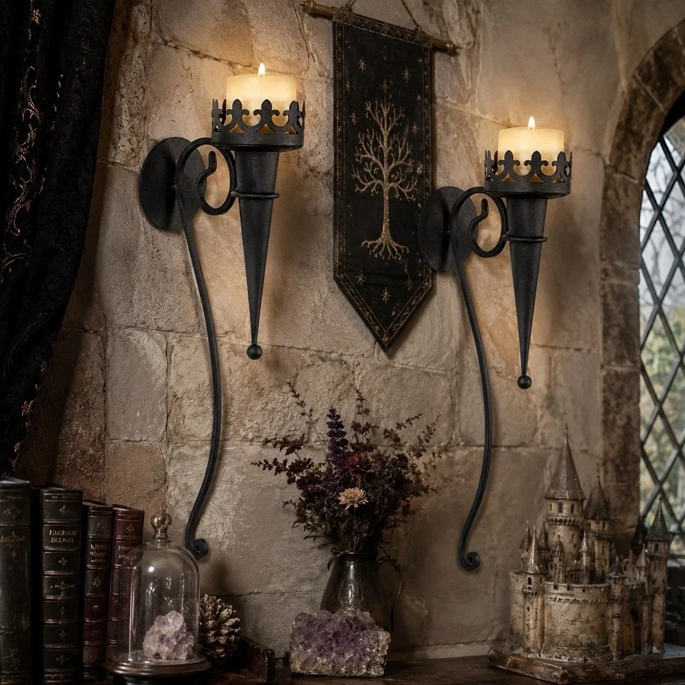 Pair Gothic Iron Candle Wall Sconces 18.75